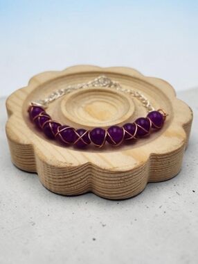 Handmade Wire Wrapped Purple Beaded Bracelet - Adjustable Chain